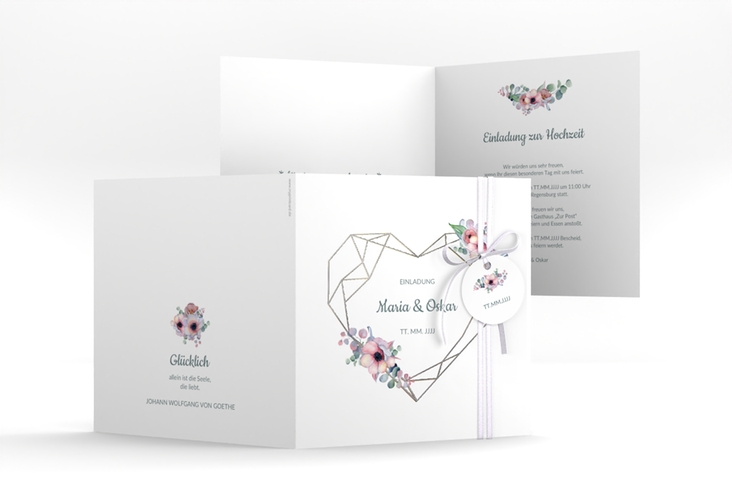 Hochzeitseinladung Herzgold quadr. Klappkarte weiss silber