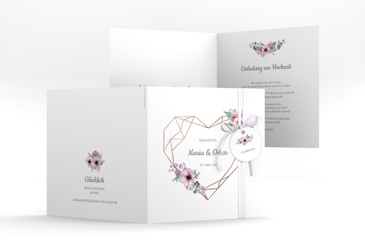 Hochzeitseinladung Herzgold quadr. Klappkarte weiss rosegold