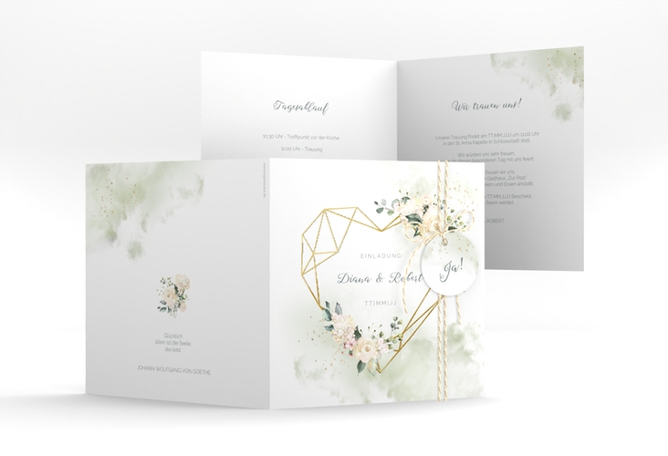 Hochzeitseinladung Adore quadr. Klappkarte gruen gold mit geometrischem Herz und Rosen in Aquarell