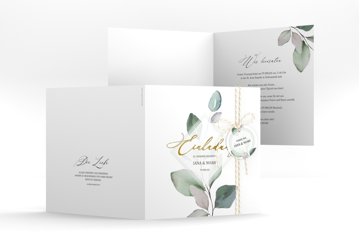 Hochzeitseinladung Foglia quadr. Klappkarte weiss gold edel mit Eukalyptus im Aquarell-Design