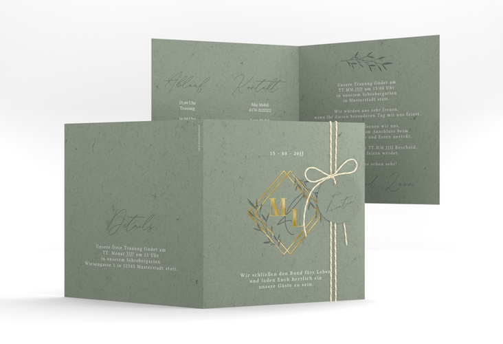 Hochzeitseinladung Greenletter quadr. Klappkarte gruen gold mit Initialen in elegantem Goldrahmen mit Blättern