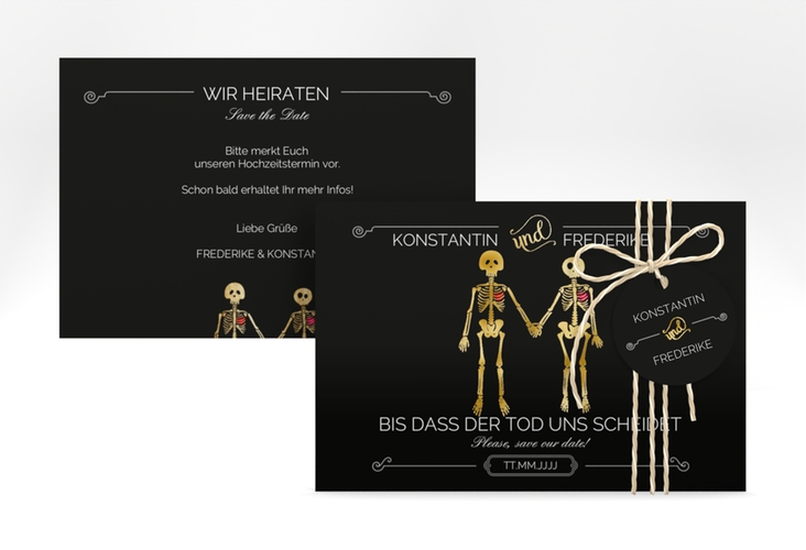 Save the Date-Karte "Bones" DIN A6 quer schwarz gold lustig mit Skelett-Brautpaar