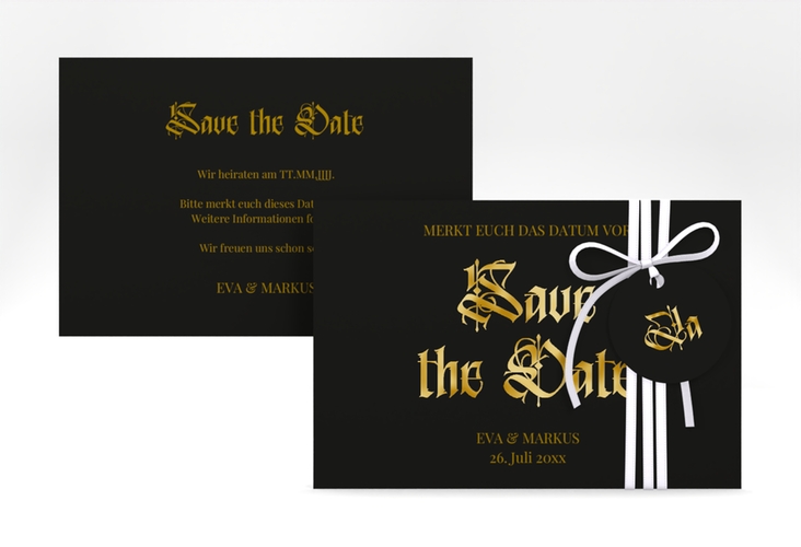 Save the Date-Karte Wednesday A6 Karte quer schwarz gold mit geometrischem Herz und Rosen in Aquarell
