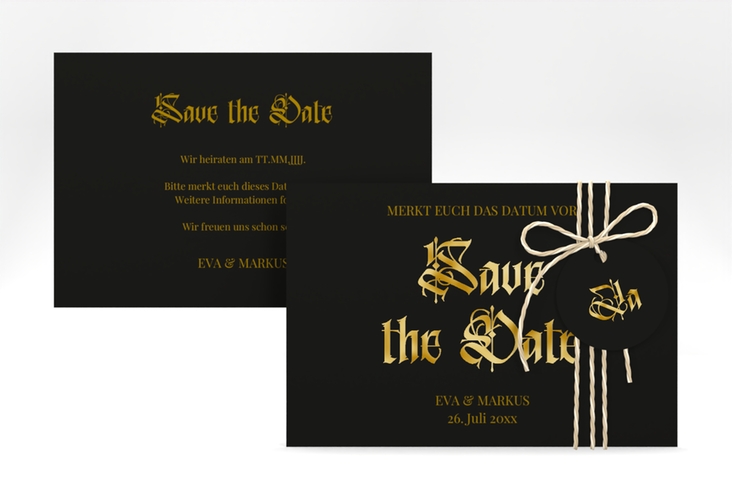 Save the Date-Karte Wednesday A6 Karte quer schwarz gold mit geometrischem Herz und Rosen in Aquarell