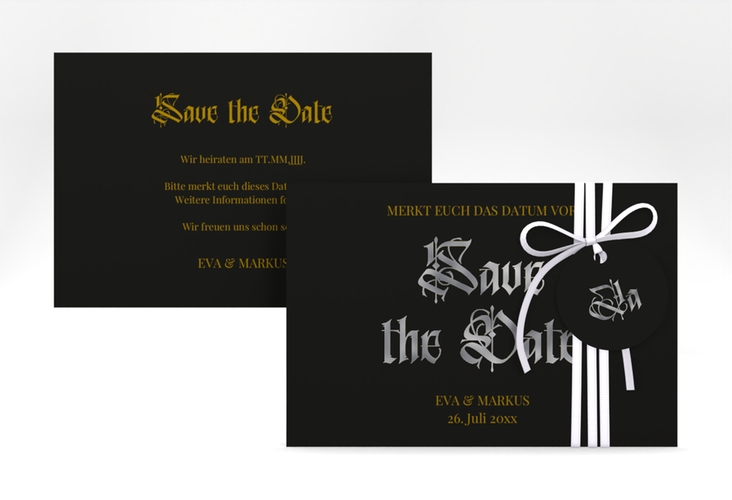 Save the Date-Karte Wednesday A6 Karte quer schwarz silber mit geometrischem Herz und Rosen in Aquarell