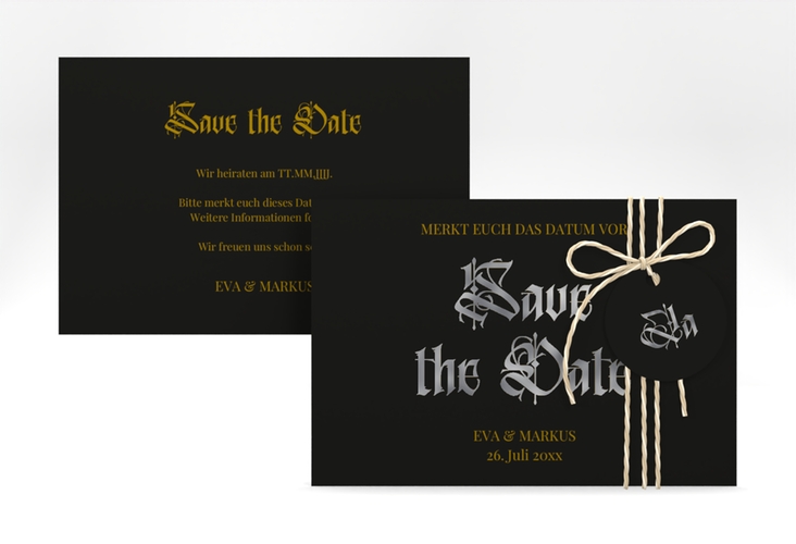 Save the Date-Karte Wednesday A6 Karte quer schwarz silber mit geometrischem Herz und Rosen in Aquarell