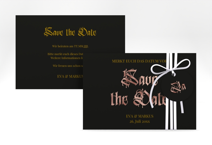 Save the Date-Karte Wednesday A6 Karte quer schwarz rosegold mit geometrischem Herz und Rosen in Aquarell
