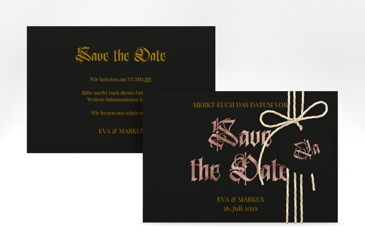 Save the Date-Karte Wednesday A6 Karte quer schwarz rosegold mit geometrischem Herz und Rosen in Aquarell