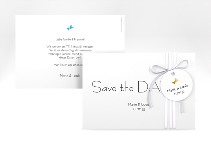 Save the Date-Karte Hochzeit Twohearts A6 Karte quer tuerkis gold