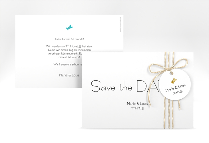 Save the Date-Karte Hochzeit Twohearts A6 Karte quer tuerkis gold