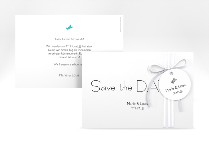 Save the Date-Karte Hochzeit Twohearts A6 Karte quer tuerkis silber