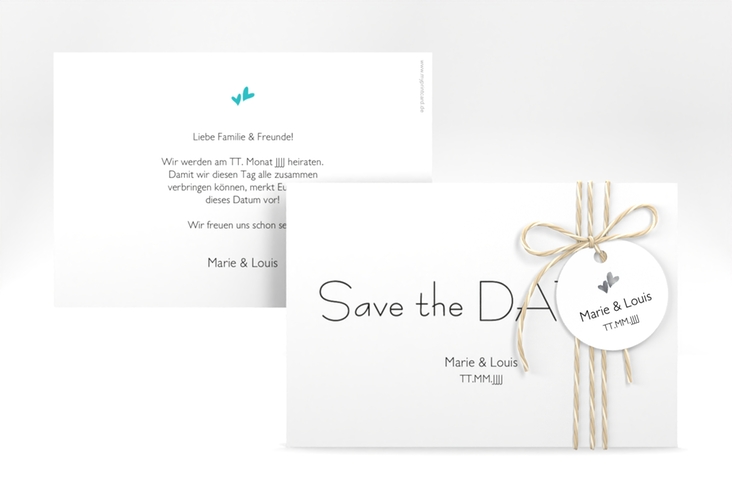 Save the Date-Karte Hochzeit Twohearts A6 Karte quer tuerkis silber