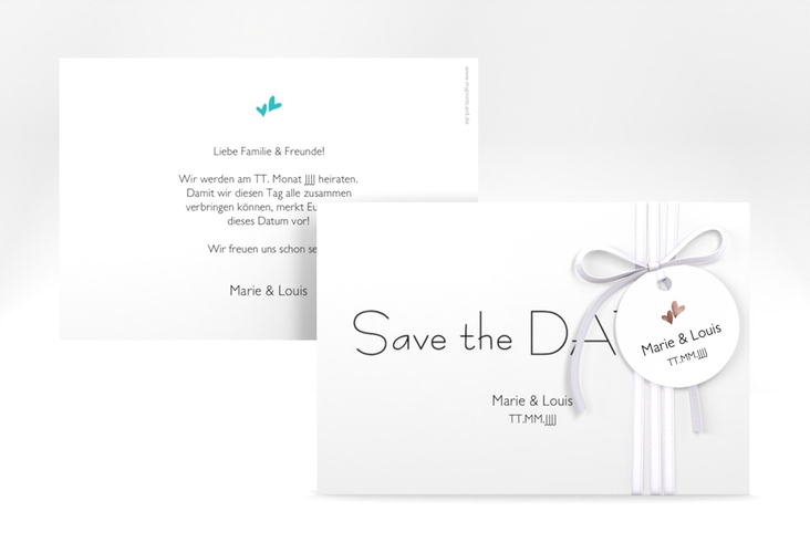 Save the Date-Karte Hochzeit Twohearts A6 Karte quer tuerkis rosegold