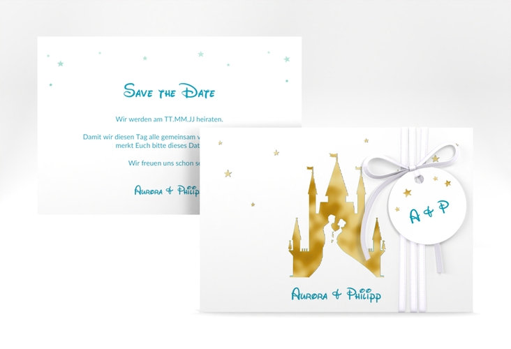 Save the Date-Karte Castle A6 Karte quer tuerkis gold
