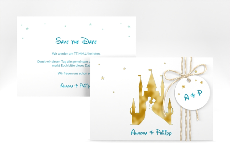 Save the Date-Karte Castle A6 Karte quer tuerkis gold