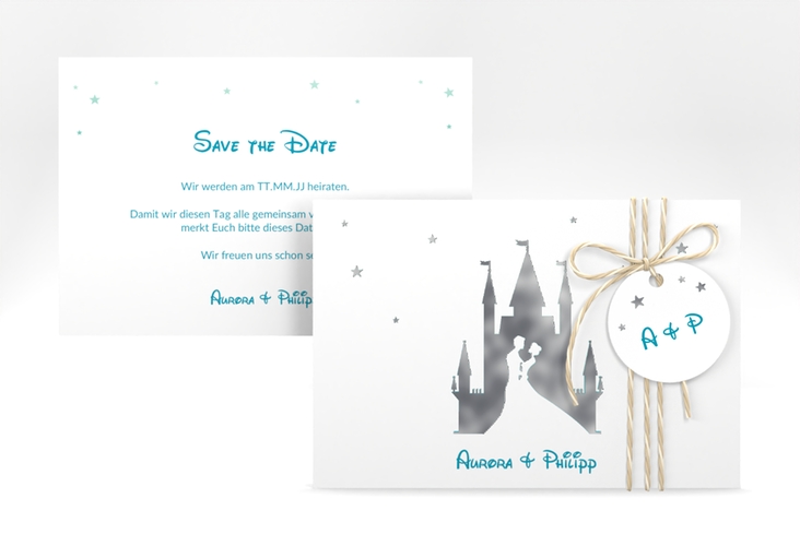Save the Date-Karte Castle A6 Karte quer tuerkis silber