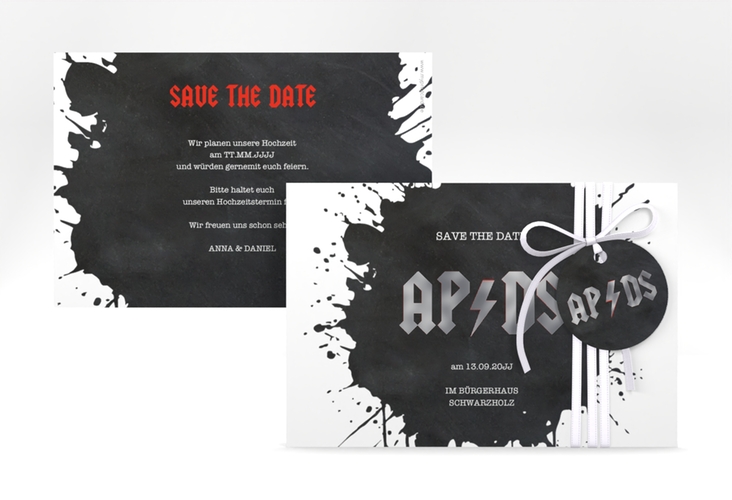 Save the Date-Karte Hardrock A6 Karte quer schwarz silber für Rockband-Fans
