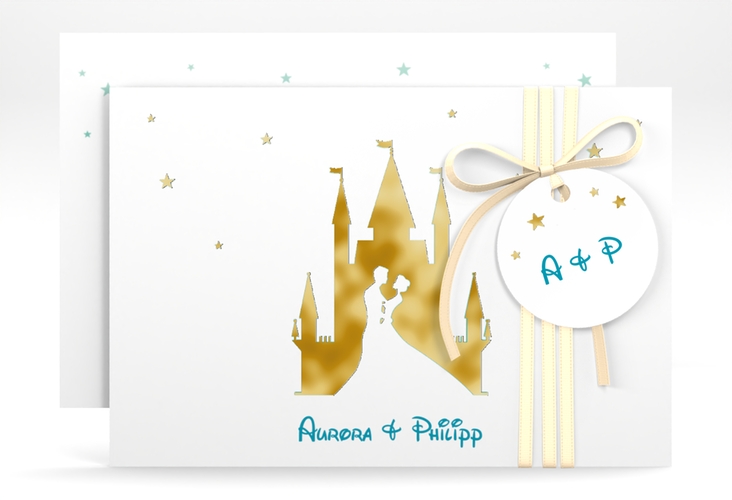 Save the Date-Karte Castle A6 Karte quer tuerkis gold