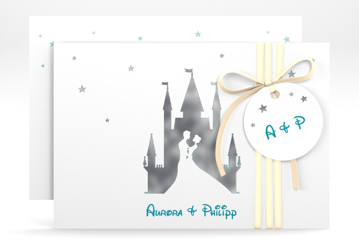 Save the Date-Karte Castle A6 Karte quer tuerkis silber