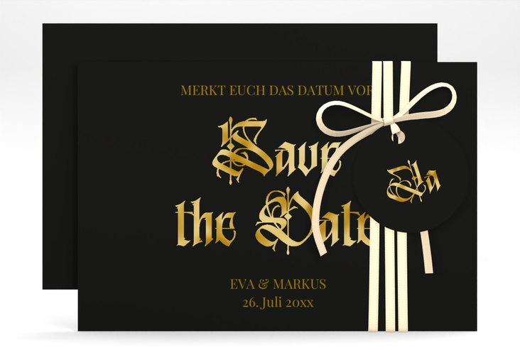 Save the Date-Karte Wednesday A6 Karte quer schwarz gold mit geometrischem Herz und Rosen in Aquarell