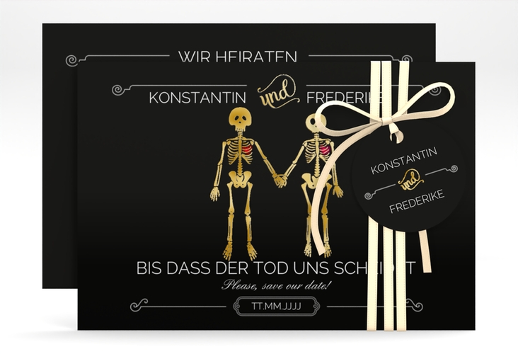Save the Date-Karte Bones A6 Karte quer schwarz gold lustig mit Skelett-Brautpaar
