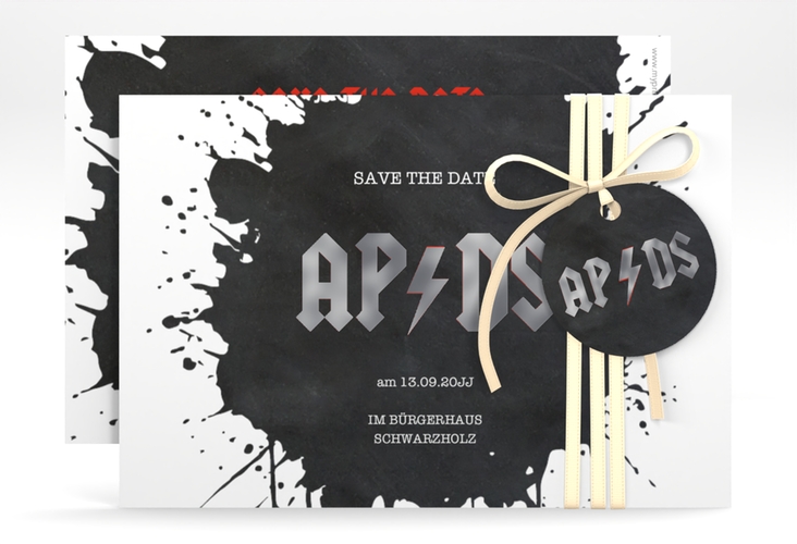 Save the Date-Karte Hardrock A6 Karte quer schwarz silber für Rockband-Fans