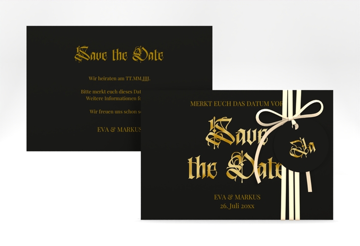 Save the Date-Karte Wednesday A6 Karte quer schwarz gold mit geometrischem Herz und Rosen in Aquarell