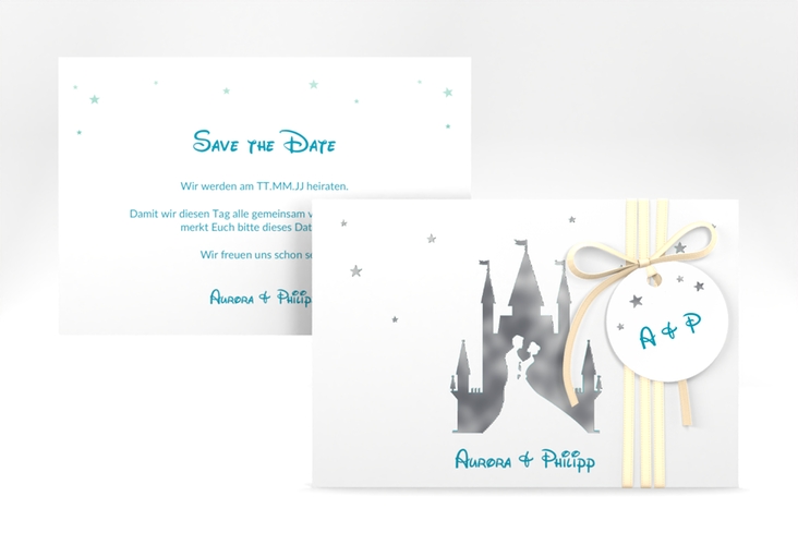 Save the Date-Karte Castle A6 Karte quer tuerkis silber