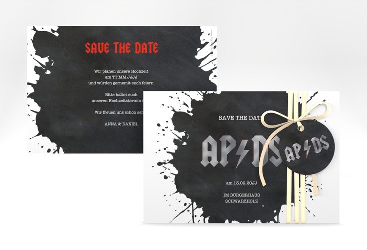Save the Date-Karte Hardrock A6 Karte quer schwarz silber für Rockband-Fans