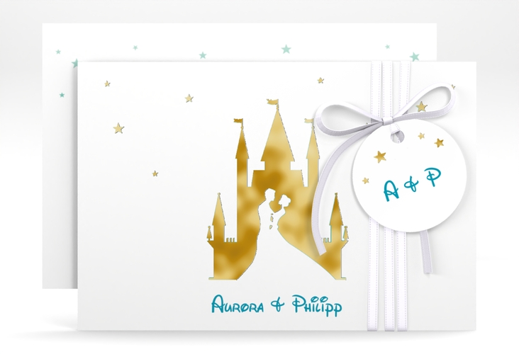 Save the Date-Karte Castle A6 Karte quer tuerkis gold