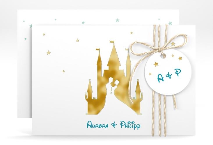 Save the Date-Karte Castle A6 Karte quer tuerkis gold