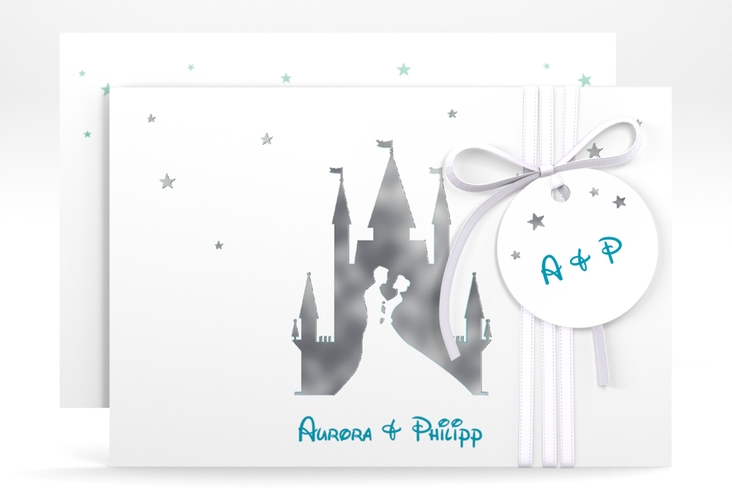Save the Date-Karte Castle A6 Karte quer tuerkis silber
