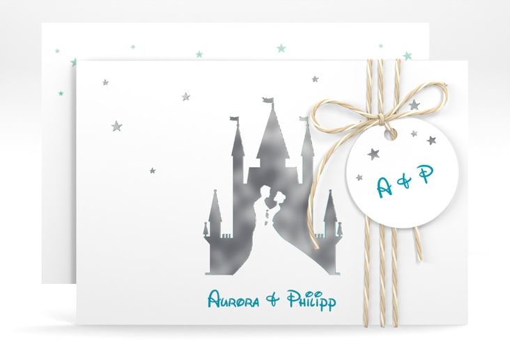 Save the Date-Karte Castle A6 Karte quer tuerkis silber