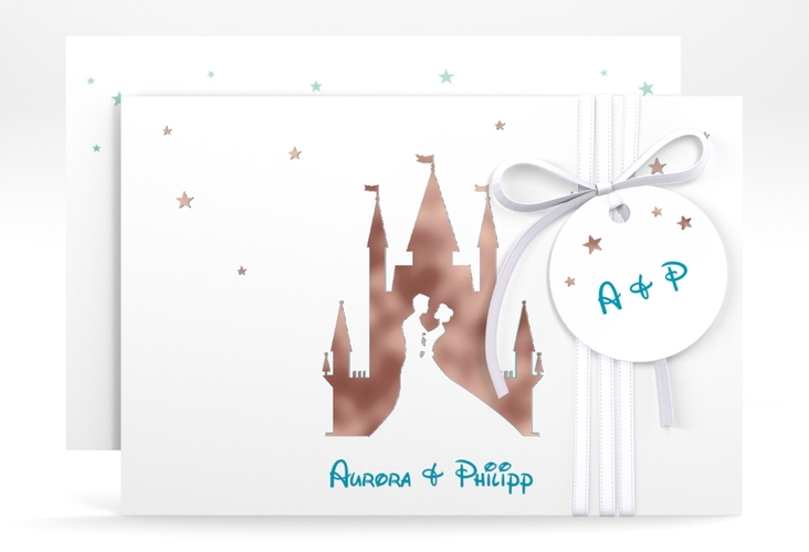 Save the Date-Karte Castle A6 Karte quer tuerkis rosegold
