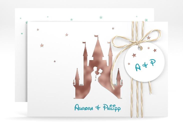 Save the Date-Karte Castle A6 Karte quer tuerkis rosegold