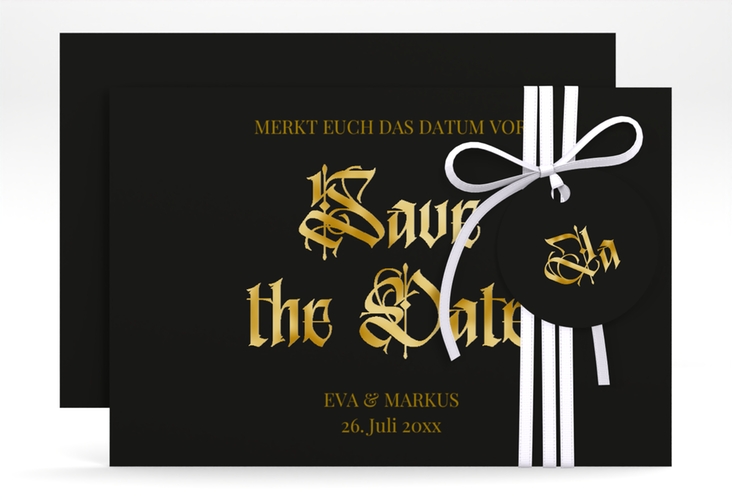 Save the Date-Karte Wednesday A6 Karte quer schwarz gold mit geometrischem Herz und Rosen in Aquarell