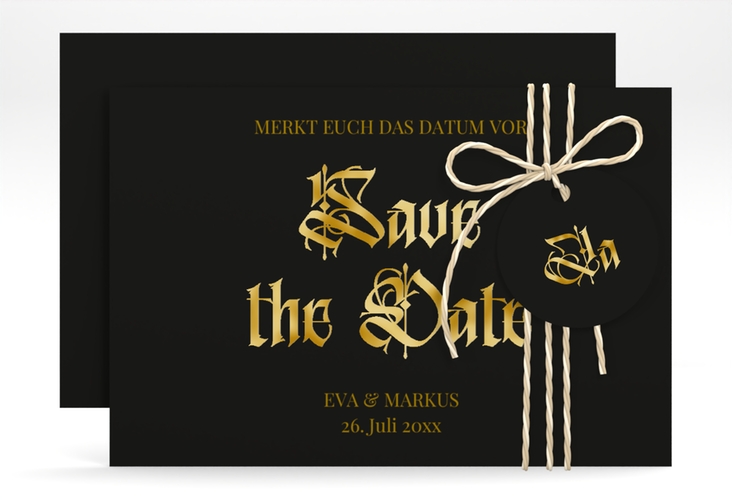 Save the Date-Karte Wednesday A6 Karte quer schwarz gold mit geometrischem Herz und Rosen in Aquarell