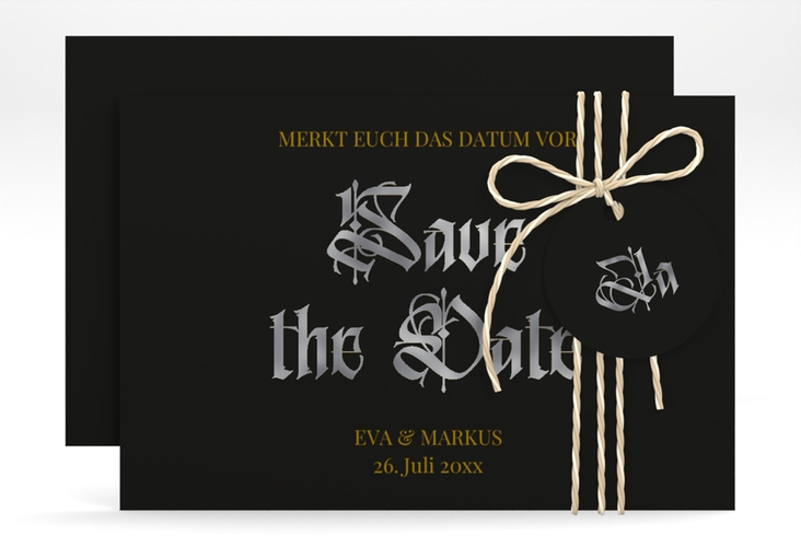 Save the Date-Karte Wednesday A6 Karte quer schwarz silber mit geometrischem Herz und Rosen in Aquarell