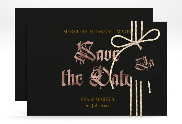 Save the Date-Karte Wednesday A6 Karte quer schwarz rosegold mit geometrischem Herz und Rosen in Aquarell