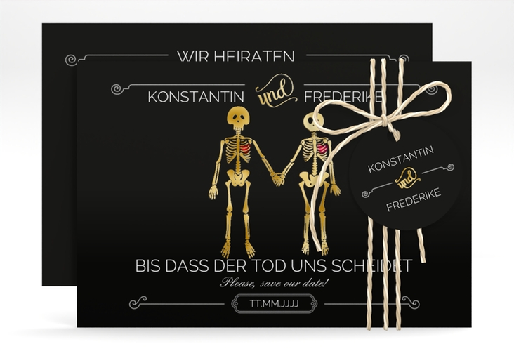 Save the Date-Karte Bones A6 Karte quer schwarz gold lustig mit Skelett-Brautpaar