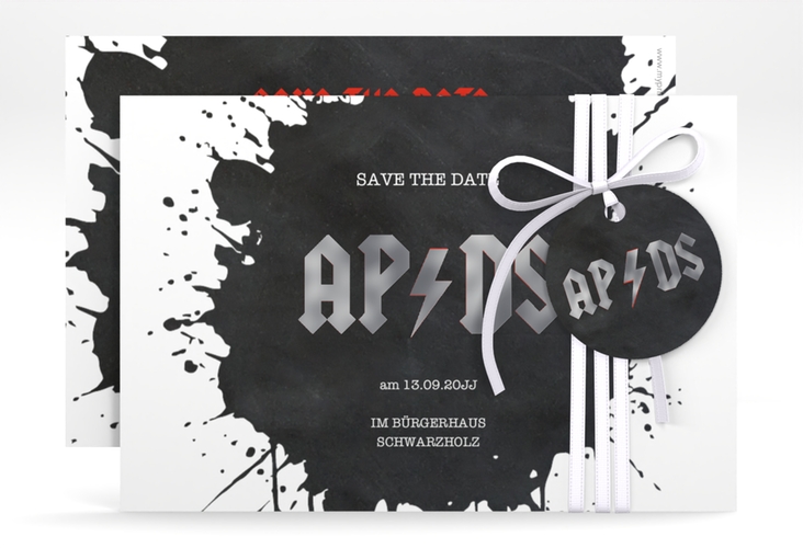 Save the Date-Karte Hardrock A6 Karte quer schwarz silber für Rockband-Fans
