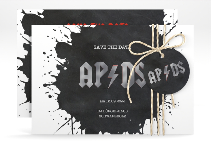 Save the Date-Karte Hardrock A6 Karte quer schwarz silber für Rockband-Fans