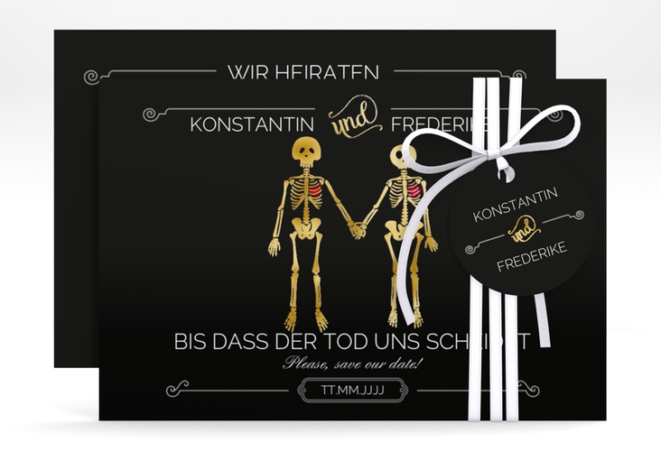 Save the Date-Karte "Bones" DIN A6 quer schwarz gold lustig mit Skelett-Brautpaar