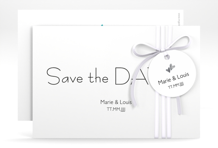 Save the Date-Karte Hochzeit Twohearts A6 Karte quer tuerkis silber