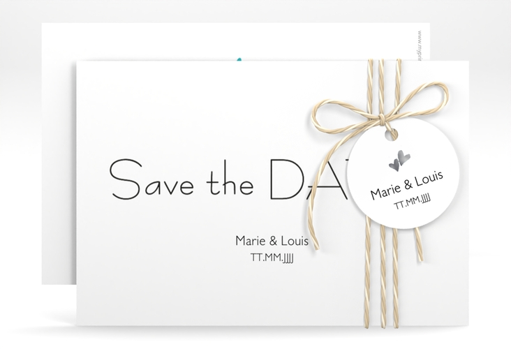 Save the Date-Karte Hochzeit Twohearts A6 Karte quer tuerkis silber