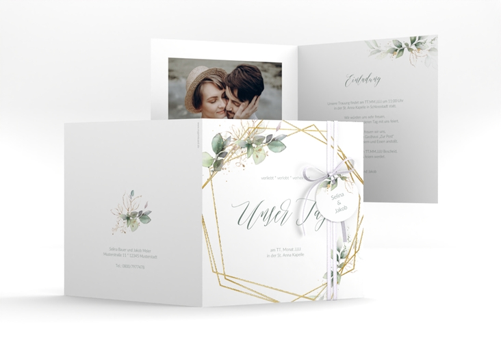 Hochzeitseinladung Greenish quadr. Klappkarte gruen gold