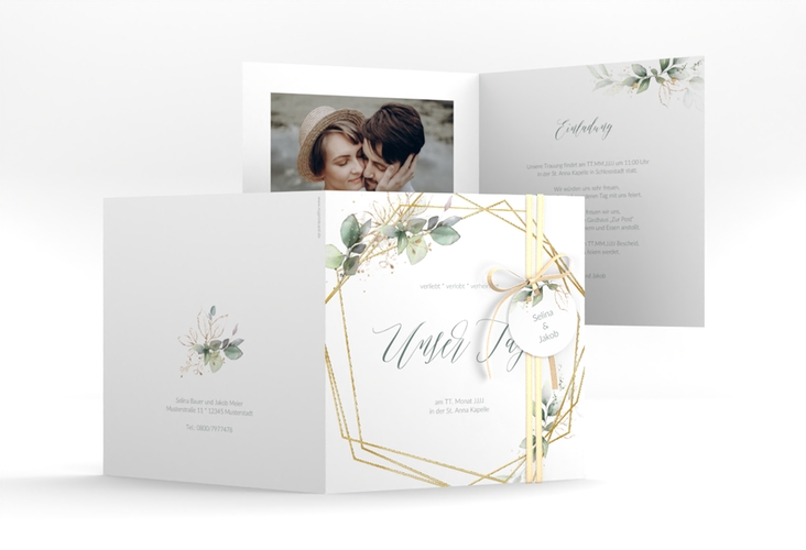 Hochzeitseinladung Greenish quadr. Klappkarte gruen gold