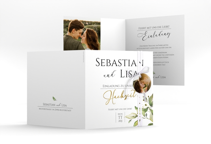 Hochzeitseinladung Leaves quadr. Klappkarte weiss gold