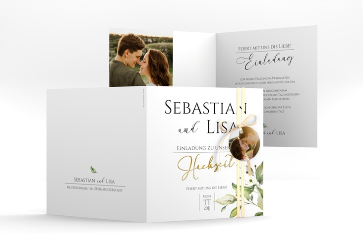 Hochzeitseinladung Leaves quadr. Klappkarte weiss gold
