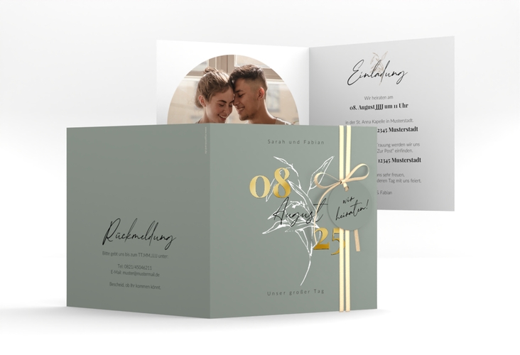 Hochzeitseinladung Seed quadr. Klappkarte gruen gold mit Pflanzen-Illustration und elegantem Datum